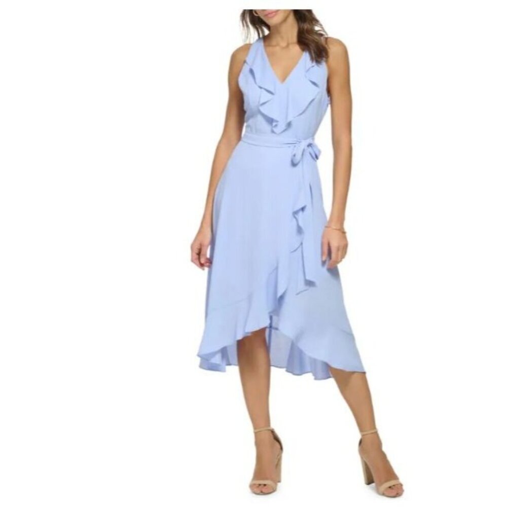 Kensie Belted‎ Ruffle Asymmetric Midi Dress